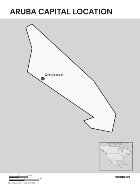 Detailed map pinpointing Oranjestad, the capital of Aruba (black and white).