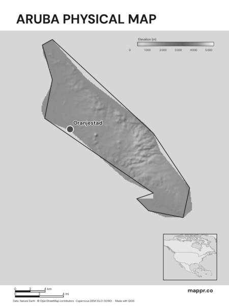 Map featuring Oranjestad, the capital of Aruba, with rich topographical detail (black and white).