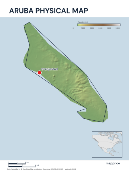 Map featuring Oranjestad, the capital of Aruba, with rich topographical detail.