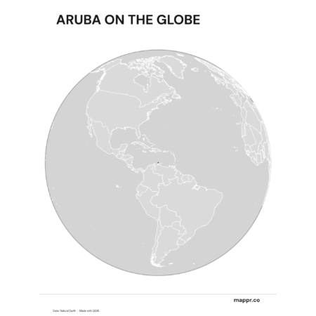 A map highlighting Aruba's location on a globe, marked with a red outline (black and white).