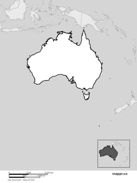 Blank political map of Australia showing its international borders without labels (black and white).