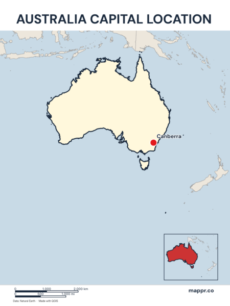 Detailed map pinpointing Canberra, the capital of Australia.
