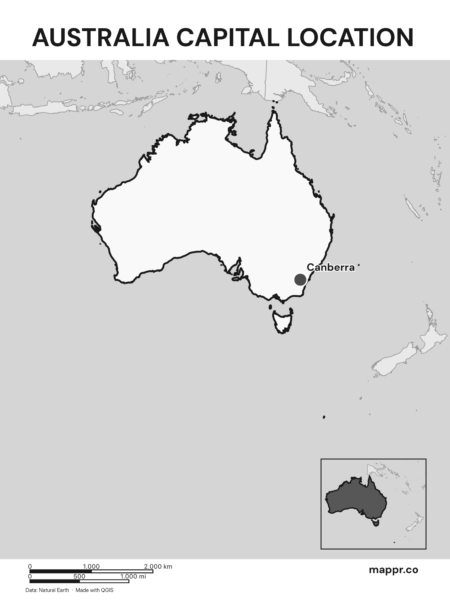 Detailed map pinpointing Canberra, the capital of Australia (black and white).
