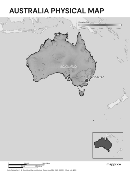 Map featuring Canberra, the capital of Australia, with rich topographical detail (black and white).