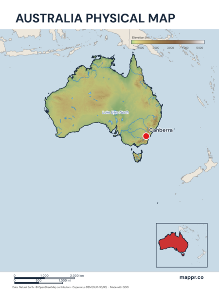 Map featuring Canberra, the capital of Australia, with rich topographical detail.