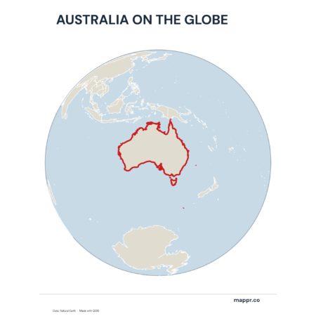 A map highlighting Australia's location on a globe, marked with a red outline.