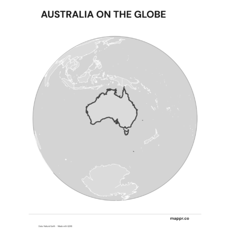 A map highlighting Australia's location on a globe, marked with a red outline (black and white).