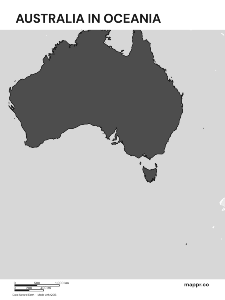 A map highlighting Australia's location on the australian continent (black and white).