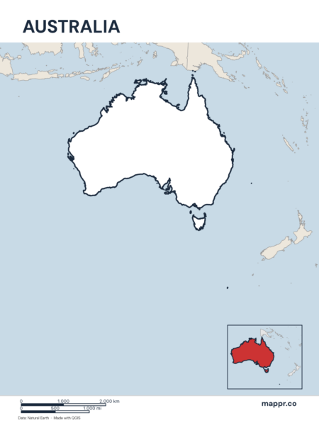 Outline map of Australia with detailed country borders, showcasing its geographical shape.