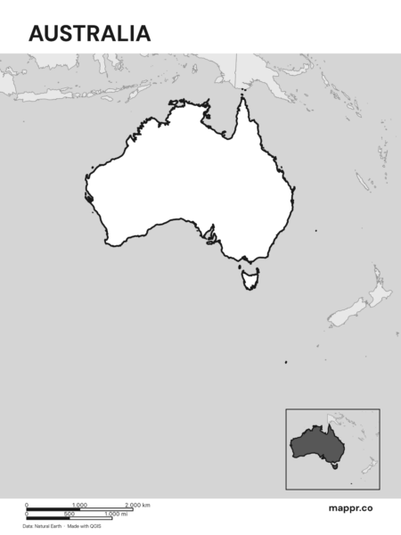 Outline map of Australia with detailed country borders, showcasing its geographical shape (black and white).