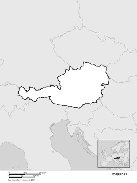 Blank political map of Austria showing its international borders without labels (black and white).