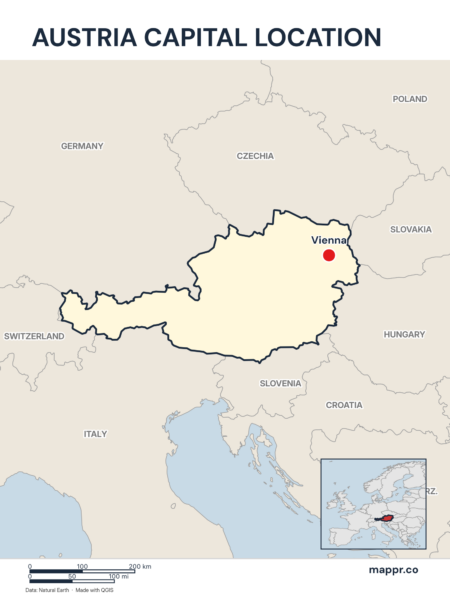 Detailed map pinpointing Vienna, the capital of Austria.