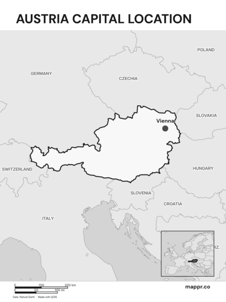 Detailed map pinpointing Vienna, the capital of Austria (black and white).