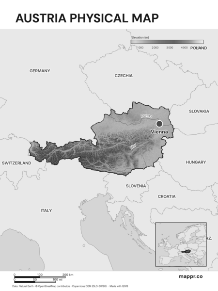 Map featuring Vienna, the capital of Austria, with rich topographical detail (black and white).