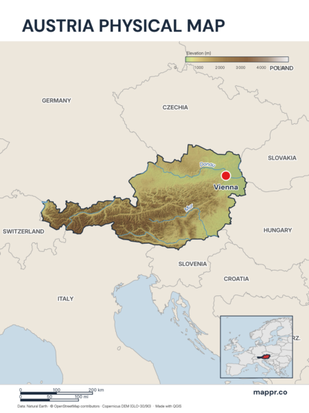 Map featuring Vienna, the capital of Austria, with rich topographical detail.