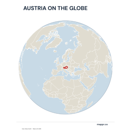 A map highlighting Austria's location on a globe, marked with a red outline.