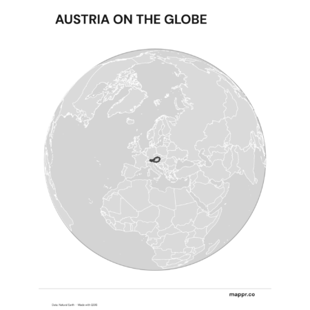 A map highlighting Austria's location on a globe, marked with a red outline (black and white).