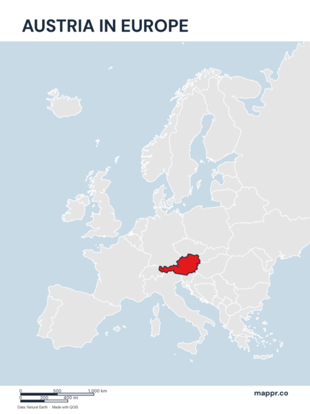 A map highlighting Austria's location on the european continent.