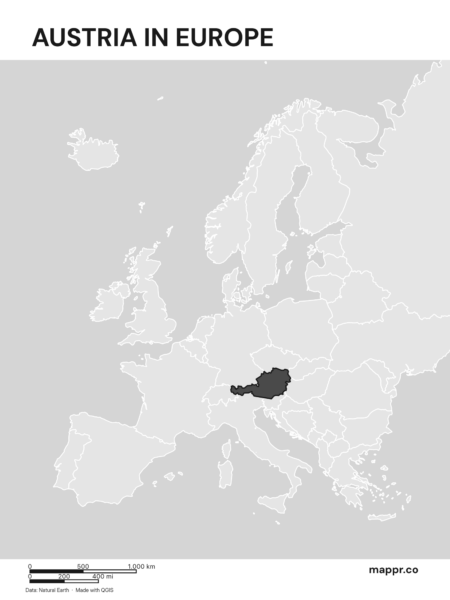 A map highlighting Austria's location on the european continent (black and white).