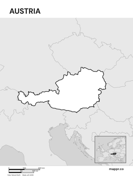 Outline map of Austria with detailed country borders (black and white).