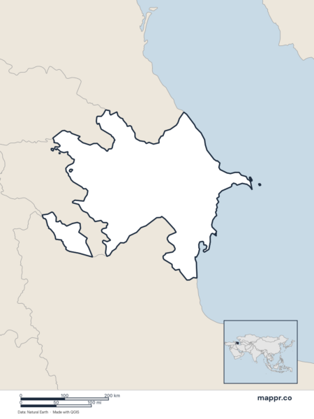Blank political map of Azerbaijan showing its international borders without labels.