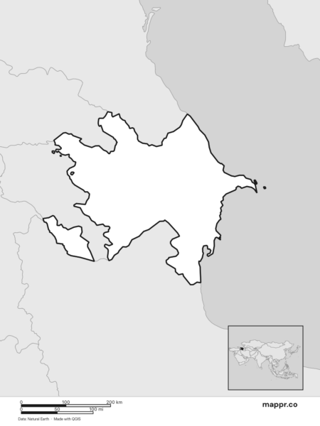 Blank political map of Azerbaijan showing its international borders without labels (black and white).
