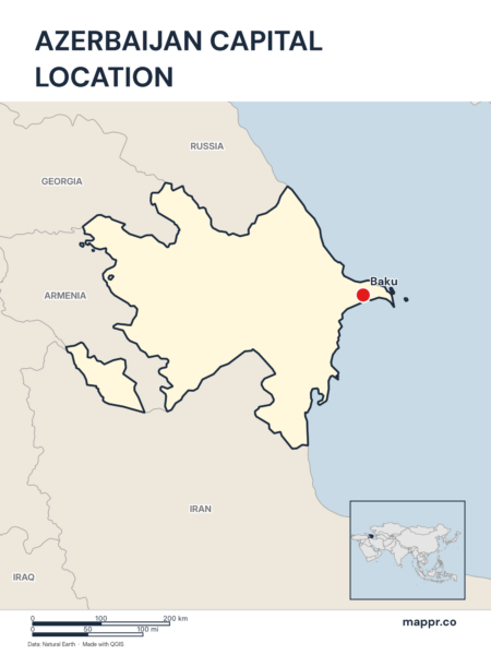 Detailed map pinpointing Baku, the capital of Azerbaijan.