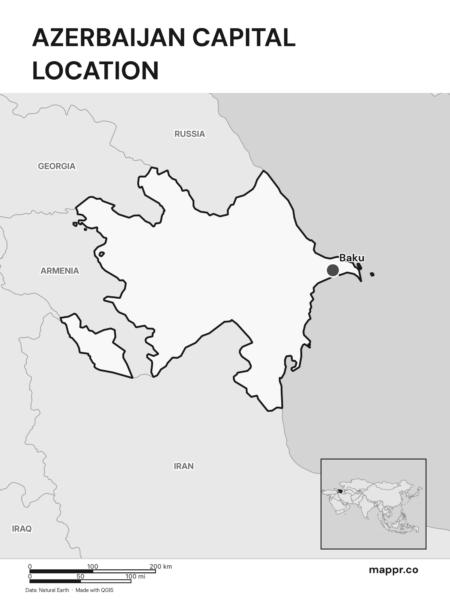 Detailed map pinpointing Baku, the capital of Azerbaijan (black and white).