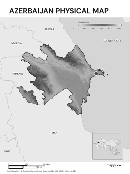 Map featuring Baku, the capital of Azerbaijan, with rich topographical detail (black and white).