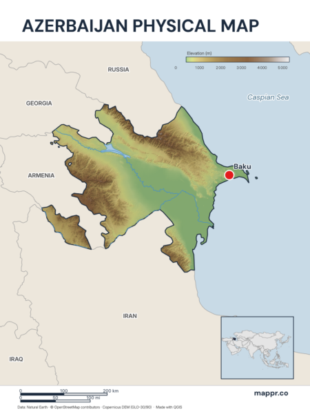 Map featuring Baku, the capital of Azerbaijan, with rich topographical detail.