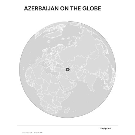 A map highlighting Azerbaijan's location on a globe, marked with a red outline (black and white).