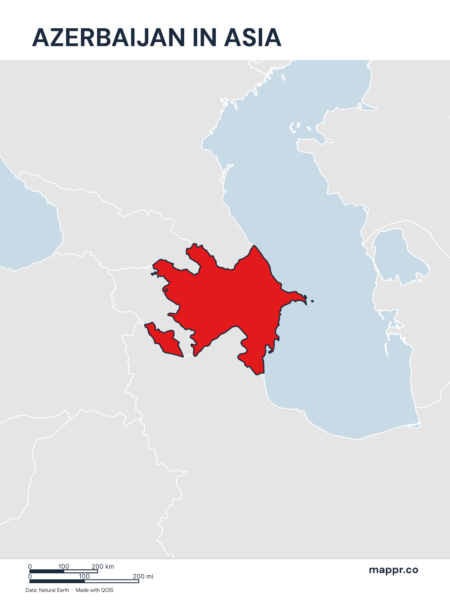 A map highlighting Azerbaijan's location on the asian continent.