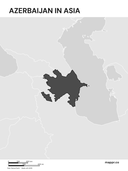 A map highlighting Azerbaijan's location on the asian continent (black and white).