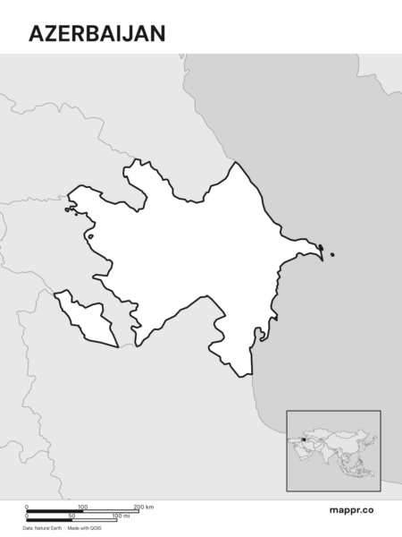 Outline map of Azerbaijan with detailed country borders (black and white).