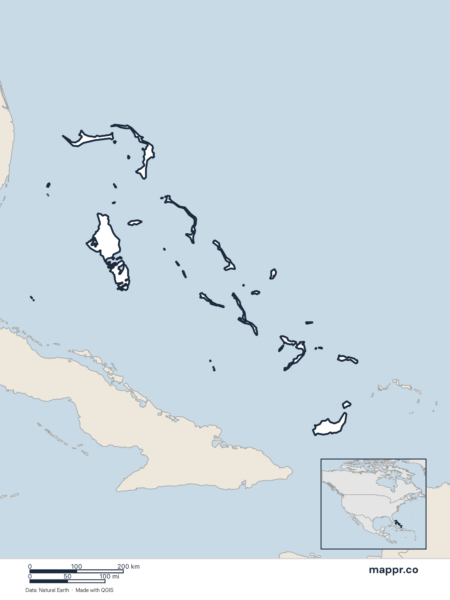 Blank political map of Bahamas showing its international borders without labels.
