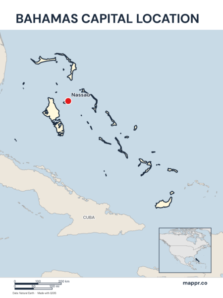 Detailed map pinpointing Nassau, the capital of Bahamas.