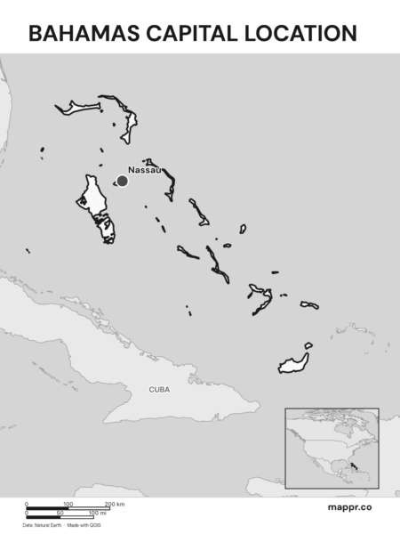 Detailed map pinpointing Nassau, the capital of Bahamas (black and white).