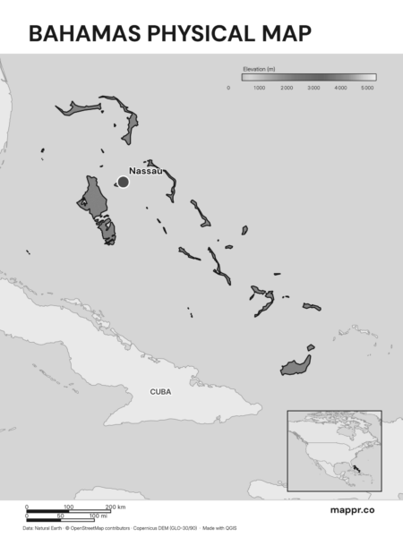Map featuring Nassau, the capital of Bahamas, with rich topographical detail (black and white).