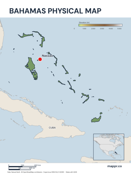Map featuring Nassau, the capital of Bahamas, with rich topographical detail.