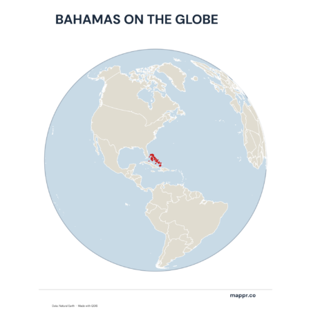 A map highlighting Bahamas's location on a globe, marked with a red outline.