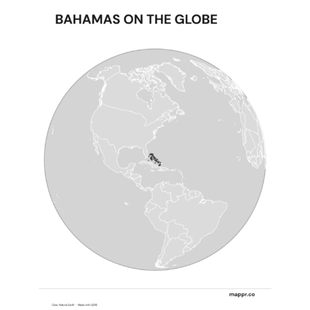 A map highlighting Bahamas's location on a globe, marked with a red outline (black and white).