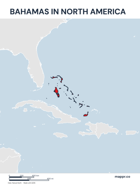 A map highlighting Bahamas's location on the north american continent.