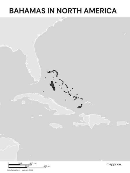A map highlighting Bahamas's location on the north american continent (black and white).