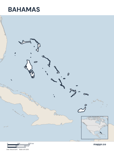 Outline map of Bahamas with detailed country borders.