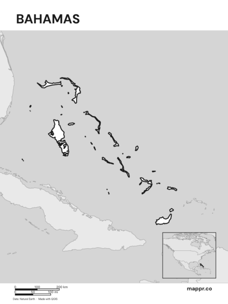 Outline map of Bahamas with detailed country borders (black and white).