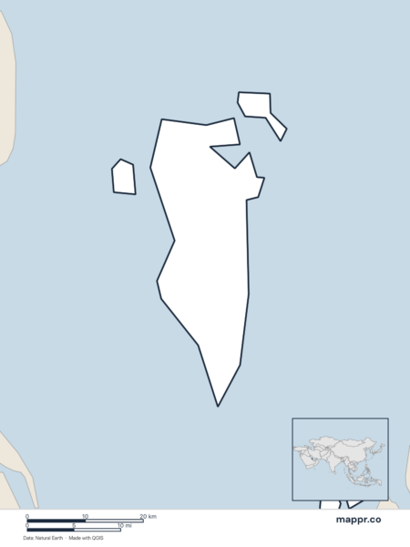Blank political map of Bahrain showing its international borders without labels.