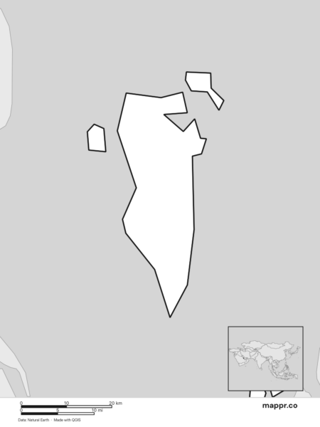 Blank political map of Bahrain showing its international borders without labels (black and white).