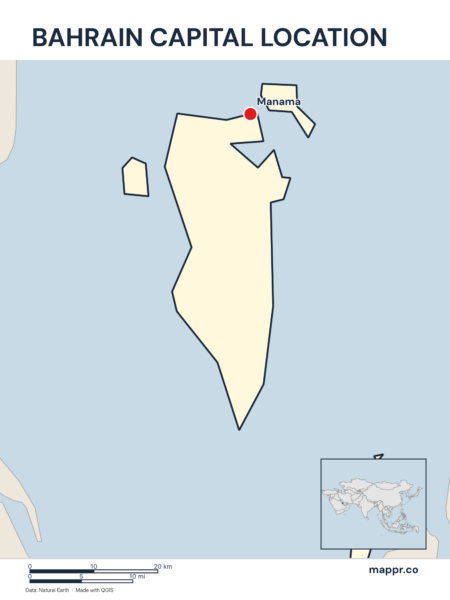 Detailed map pinpointing Manama, the capital of Bahrain.