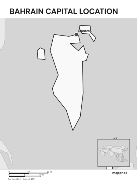 Detailed map pinpointing Manama, the capital of Bahrain (black and white).