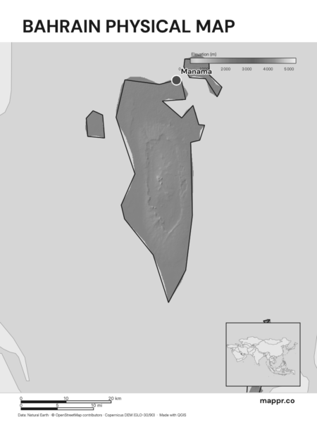 Map featuring Manama, the capital of Bahrain, with rich topographical detail (black and white).